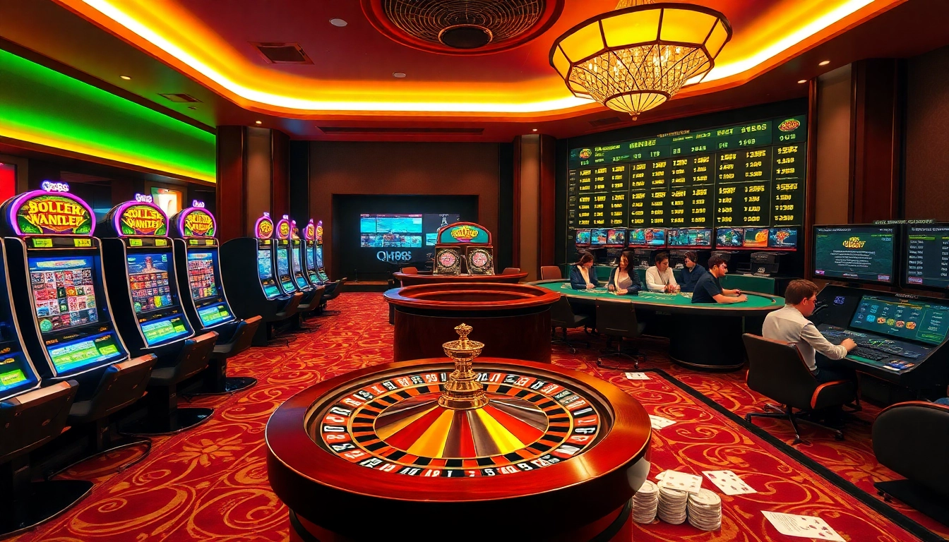 Engaged gamblers playing at qh88 online casino with colorful slot machines and a spinning roulette wheel.