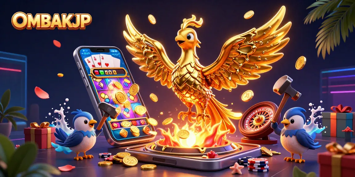 Engage with OMBAKJP through this vivid illustration of a molten golden phoenix and dynamic casino elements.
