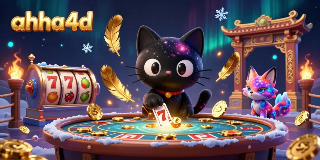 Engage at ahha4d with a cosmic casino table featuring slot reels, charming characters, and golden chips.
