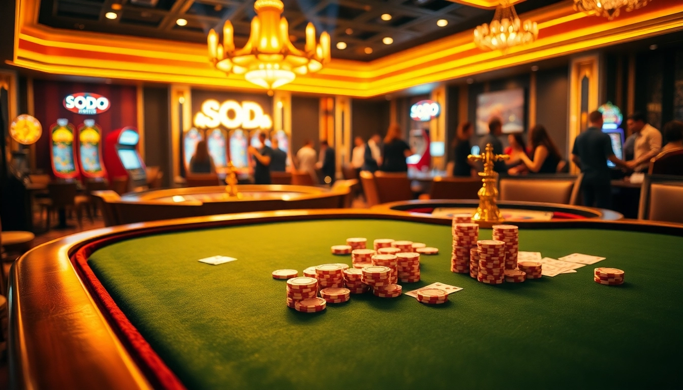 SODO CASINO poker table with vibrant chips and cards in a luxurious setting.
