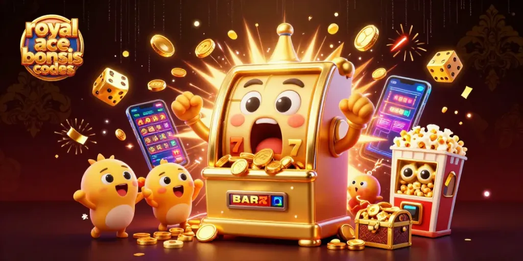 Experience royal ace bonus codes with a jubilant golden slot machine hitting a jackpot amidst cascading coins.