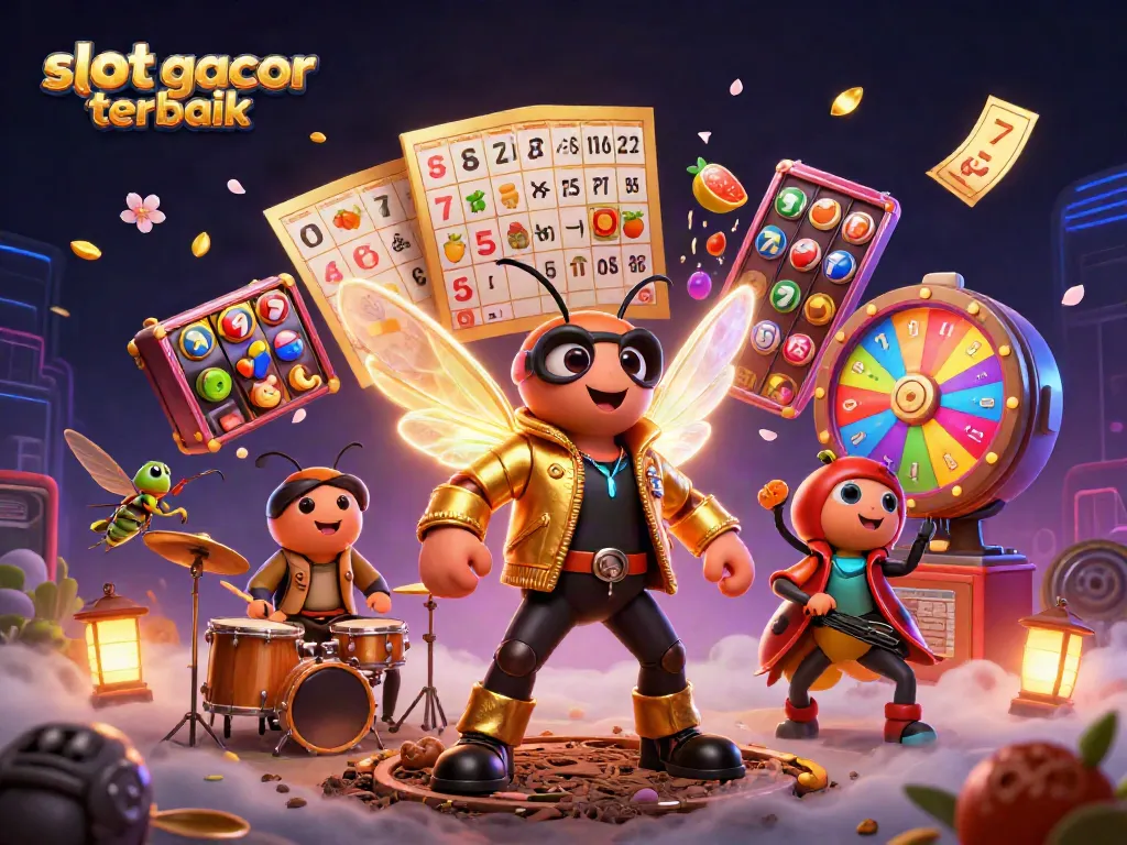 Ilustrasi 3D slot gacor terbaik dengan cicada rock star dan elemen kasino menjanjikan keberuntungan.