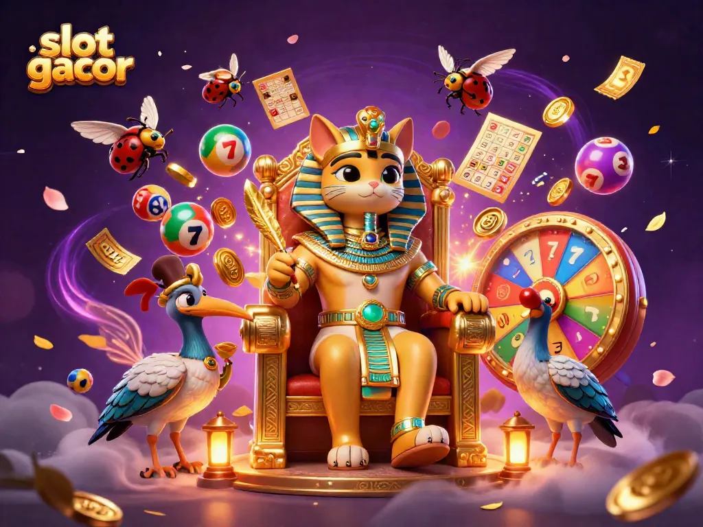 Experience slot gacor excitement through vibrant 3D illustration with Egyptian pharaoh cat and jackpot elements.