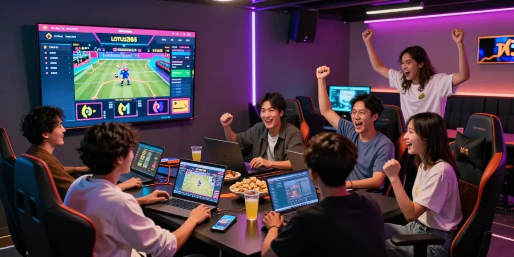 Friends enjoying an exciting online gaming session on lotus365 with snacks and drinks.