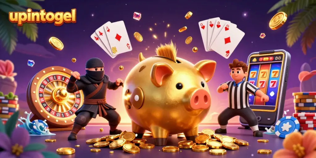Permainan upintogel menampilkan pemenang di tengah harta karun koin emas dan permata berkilauan.