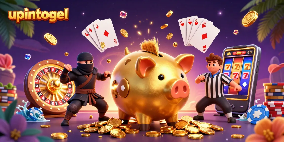 Permainan upintogel menampilkan pemenang di tengah harta karun koin emas dan permata berkilauan.