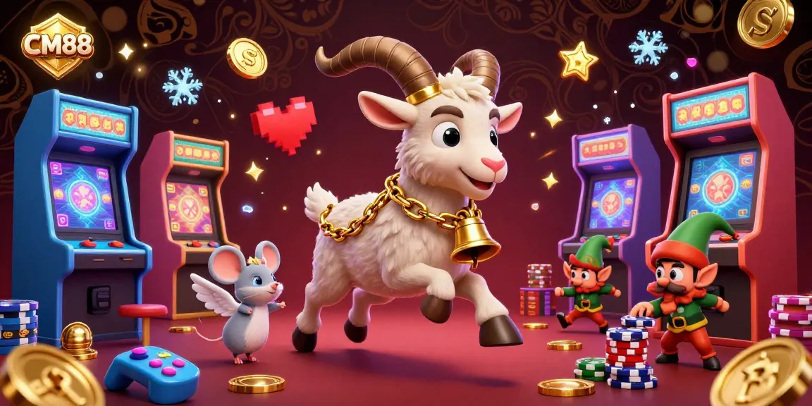 Engaging players at CM88 with vibrant casino elements in a dynamic illustration featuring festive characters.