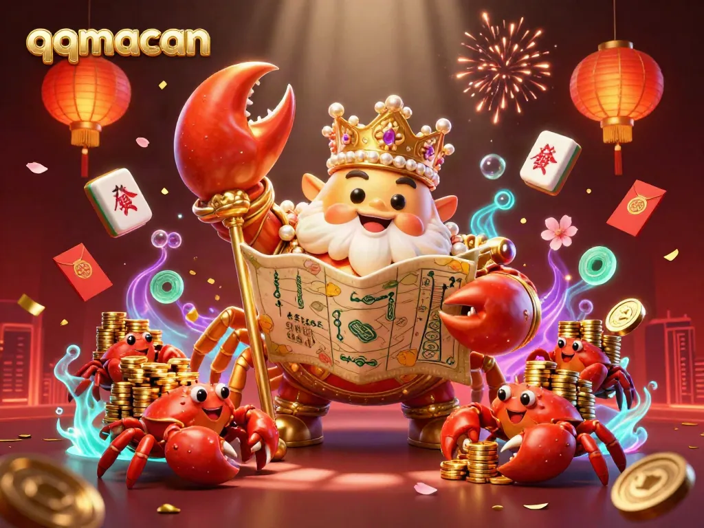 Experience the vibrant action of qqmacan in this 3D illustration featuring a golden crab emperor amidst festive casino elements.