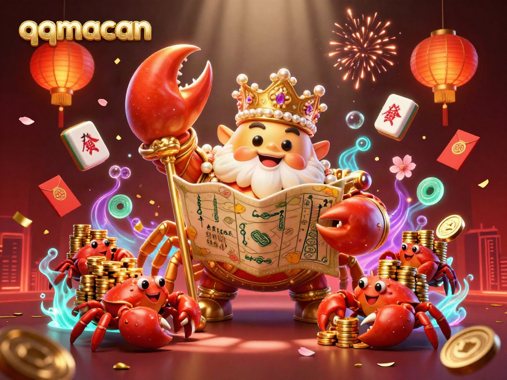 Experience the vibrant action of qqmacan in this 3D illustration featuring a golden crab emperor amidst festive casino elements.