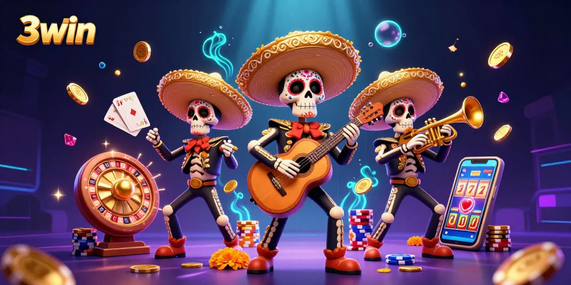 Experience exciting gaming with 3win in a vibrant, joyful casino scene featuring mariachi band.