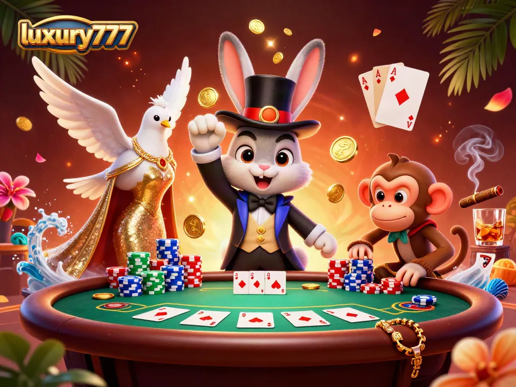 Experience luxury777 gaming with a 3D magician rabbit, dove, and monkey surrounded by poker chips.