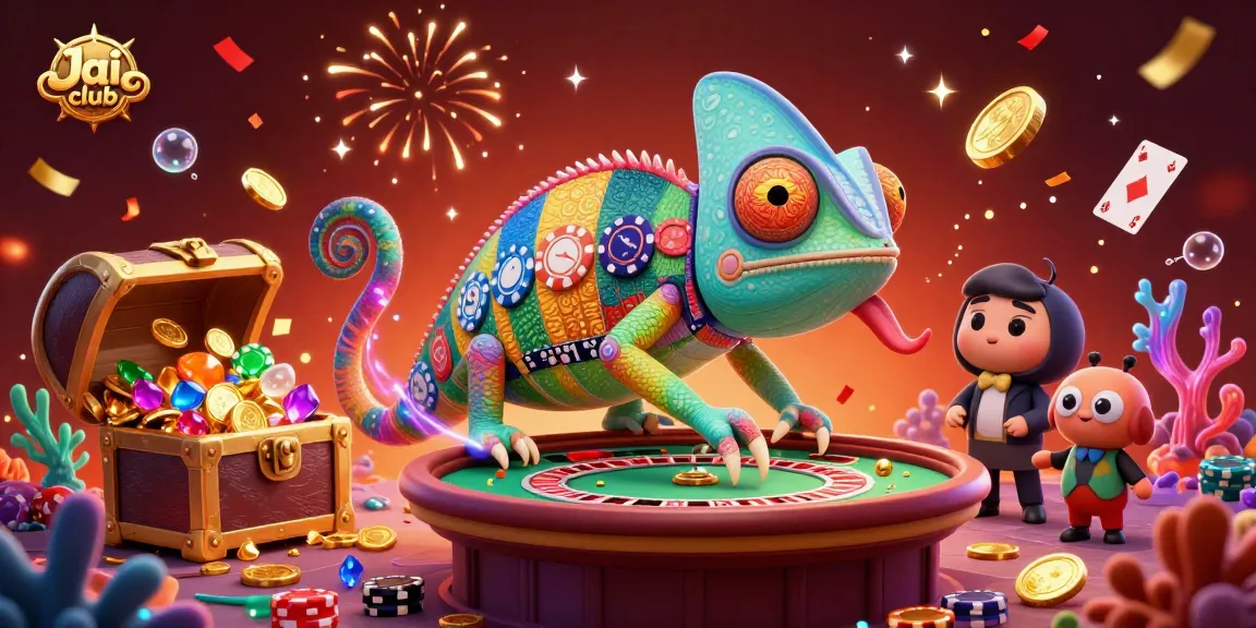 Engaging Jai club casino scene with vibrant chameleon owner surrounded by treasures, cards, and festive elements.
