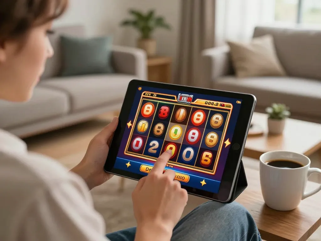 LIGALGO players enjoying vibrant slot games on tablets in a cozy home setting.
