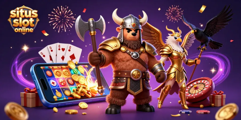 Permainan menarik situs slot online yang menampilkan karakter Kodiak dan Elang, serta elemen slot penuh warna.