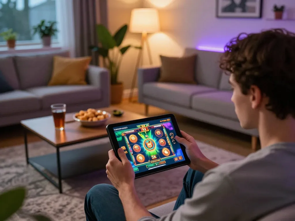 Engaging gameplay on tablet showcasing slot 5k in a cozy home setting with snacks.