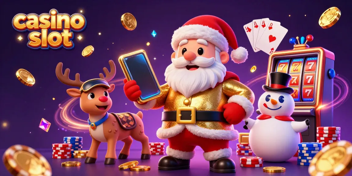 Experience the thrill of casino slot gaming with a festive Santa, reindeer dealer, and poker chip snowman.