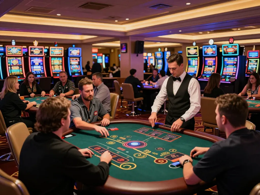 KJC players strategizing at a dynamic blackjack table in a vibrant casino atmosphere.