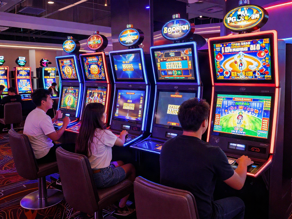 Exciting gaming scene featuring Slot MAHJONGJP88 players enjoying PG SOFT games in a vibrant casino.