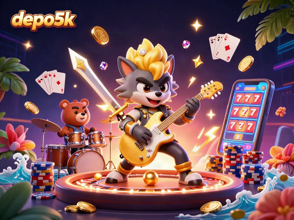 Experience the excitement of depo5k with a rock star wolf and a dynamic casino scene full of action.