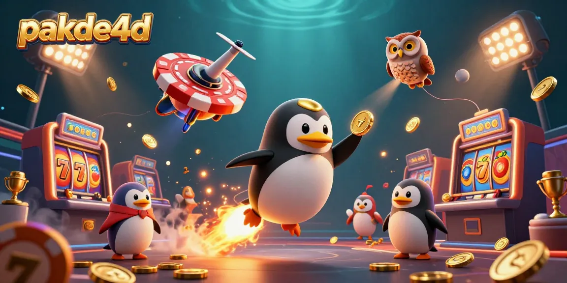 Engage with pakde4d jackpot opportunities showcased through a vibrant golden penguin amidst a dynamic casino scene.