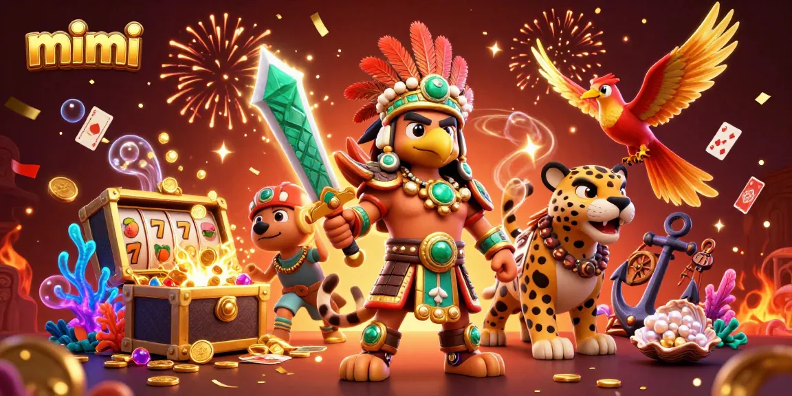 Experience thrilling gaming action with mimi in vibrant 3D casino illustration featuring Aztec warriors and treasures.