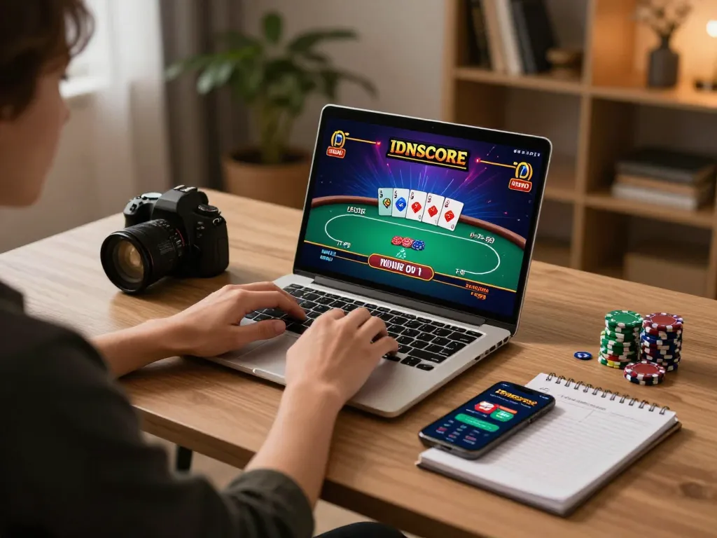 IDNSCORE online gaming setup featuring a player engaged in poker with strategic notes, cozy atmosphere