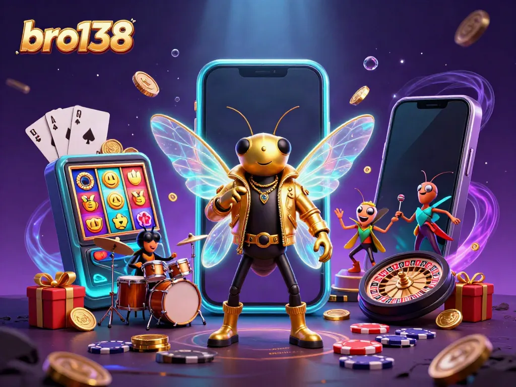 Experience the buzz of bro138 with a vibrant gambling scene featuring a 3D cartoon rock star and dynamic casino elements.