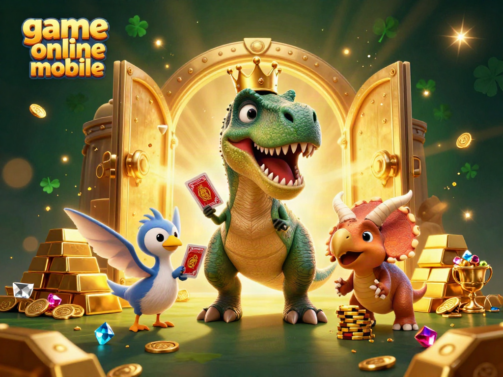 Ilustrasi 3D kasino mobile menunjukkan T-Rex bermain kartu, pterodactyl membantu, dan triceratops menumpuk chip emas.