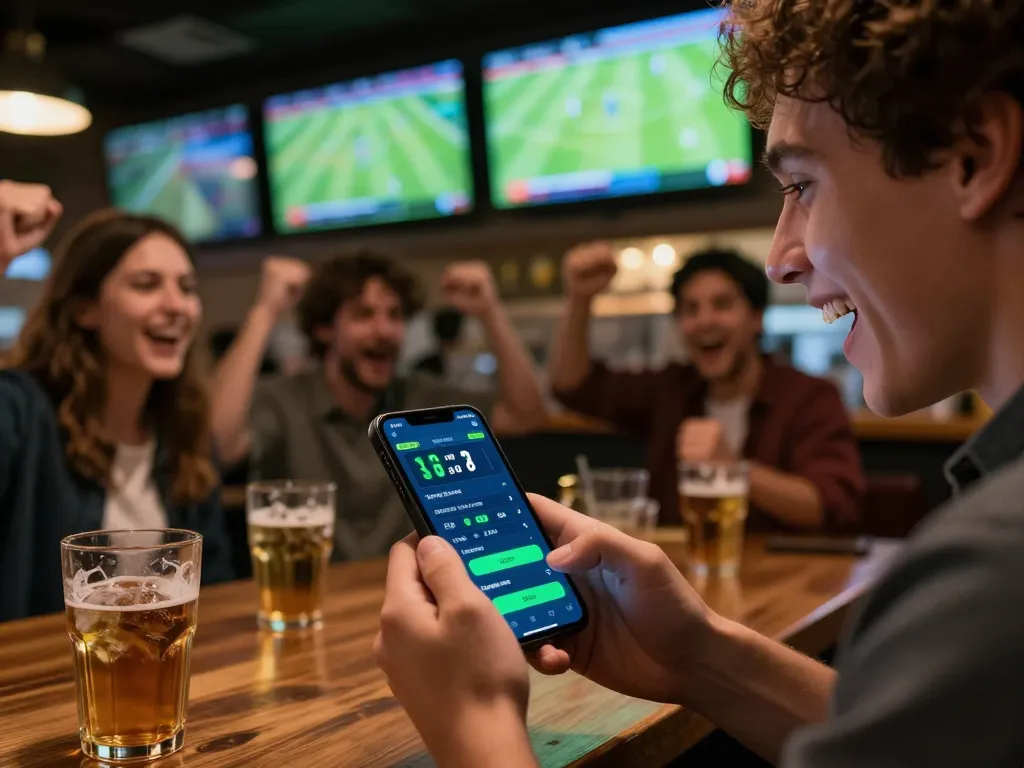 Excited sports fan checking kqbd updates on a smartphone in a lively bar during a football match.