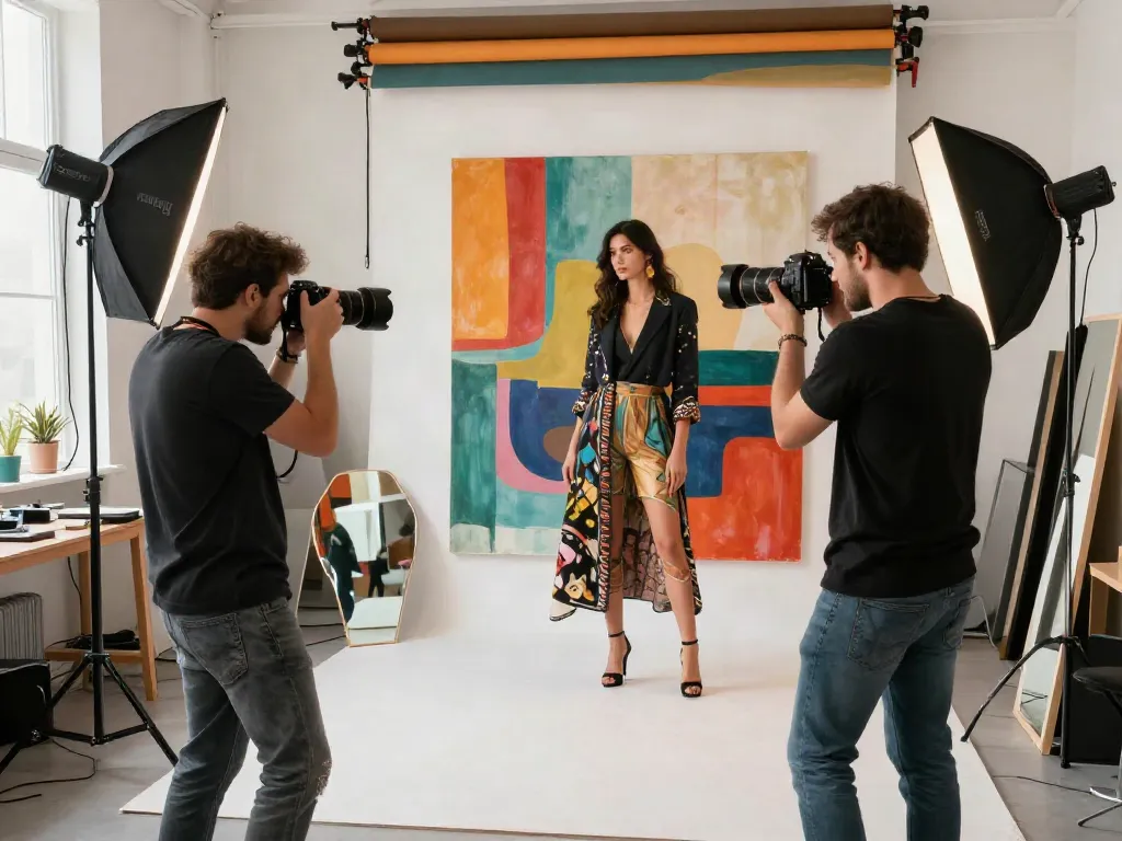 Fotografi kreatif BIGHOKI88 di studio dengan model dan peralatan profesional.