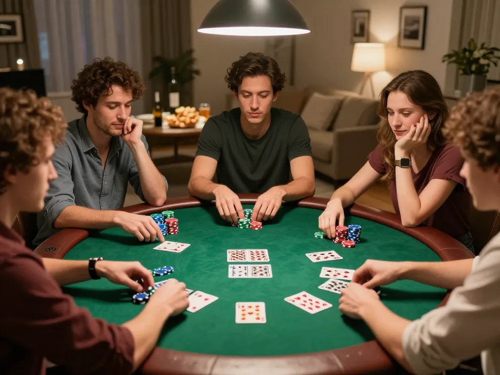 Friends enjoying a poker night at home with 789WIN gameplay strategies visible.