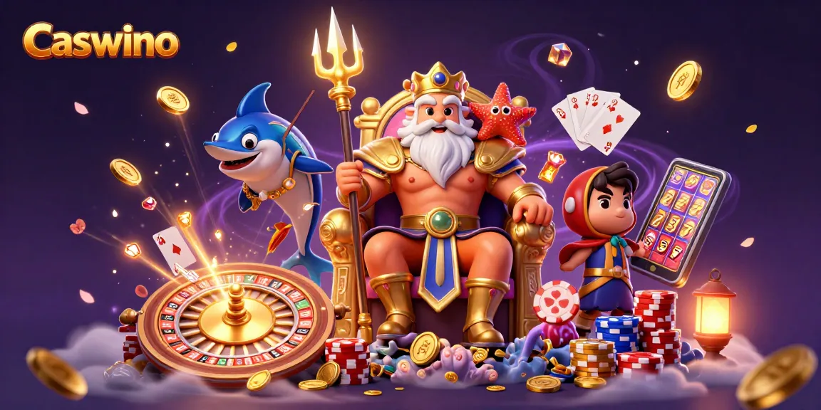 Experience thrilling gameplay at Caswino Casino with vibrant 3D illustration featuring Neptune and gaming elements.