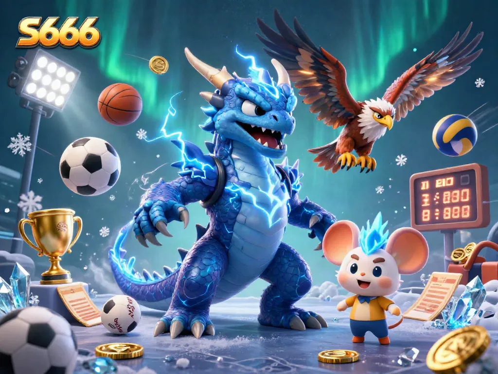 Bet on S666 with dynamic 3D cartoon dragons, sports balls, and vibrant casino elements.