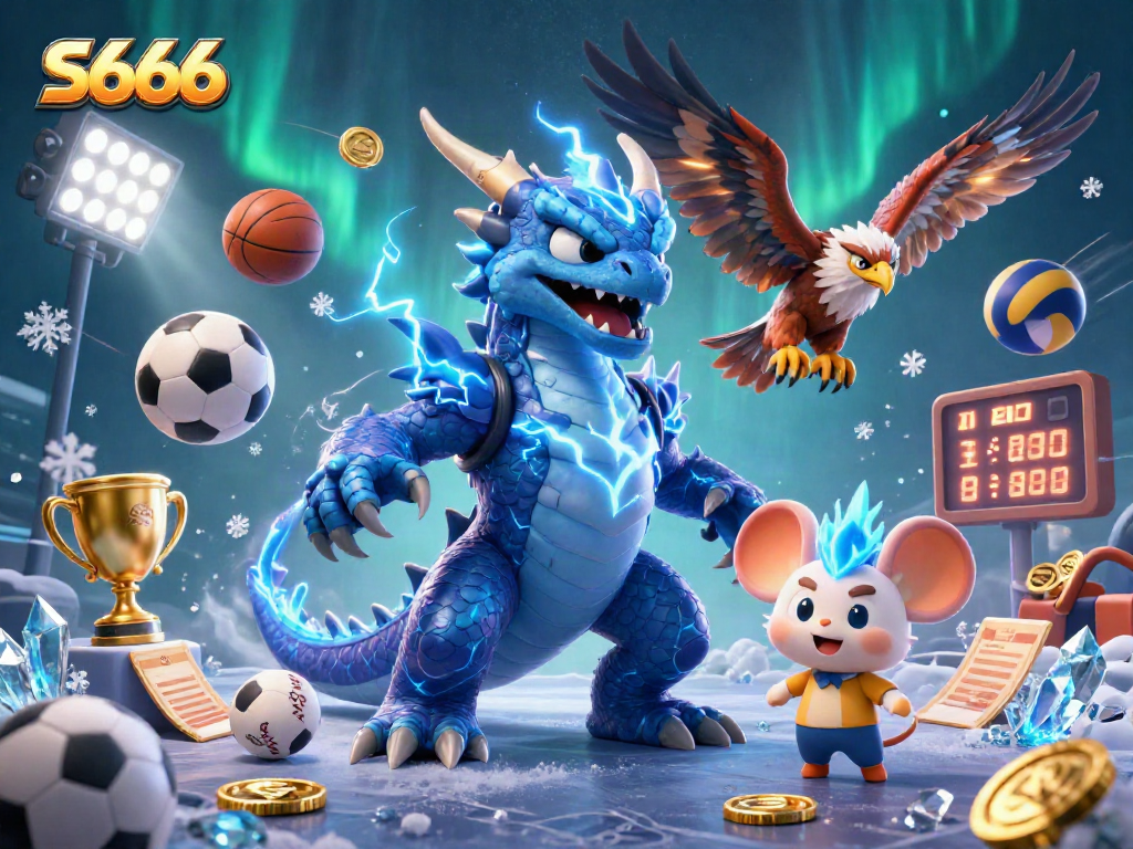 Bet on S666 with dynamic 3D cartoon dragons, sports balls, and vibrant casino elements.