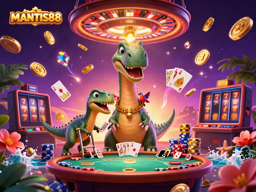 MANTIS88 offers an enthralling gaming experience with dynamic visuals featuring vibrant characters, casino elements, and golden treasures.