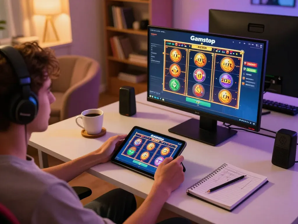 Player enjoying slots not on gamstop on a tablet, showcasing engaging gameplay in a cozy home environment