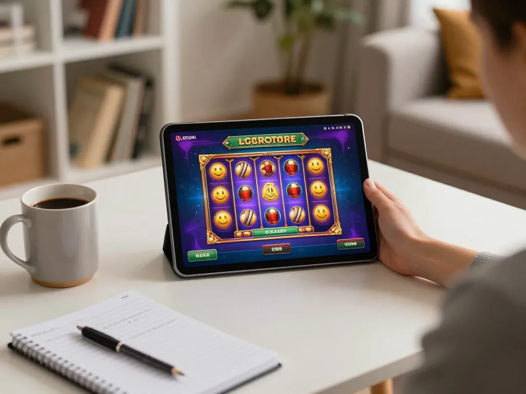 Engaging online gaming moment with LGOGOAL slot machine interface visible on tablet