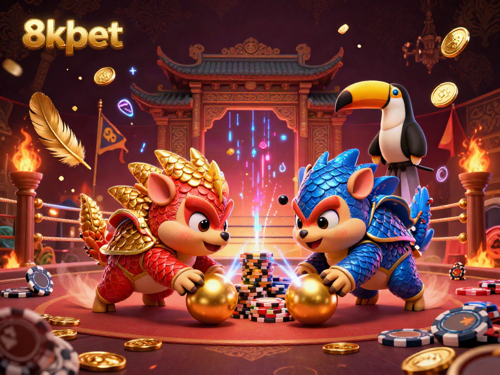 Engage in thrilling gameplay at 8xbet with rival pangolins battling through poker chips in a vibrant casino.