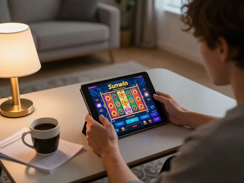 Engaging in mobile gaming on the Sunwin app in a cozy home setting, showcasing online casino experience