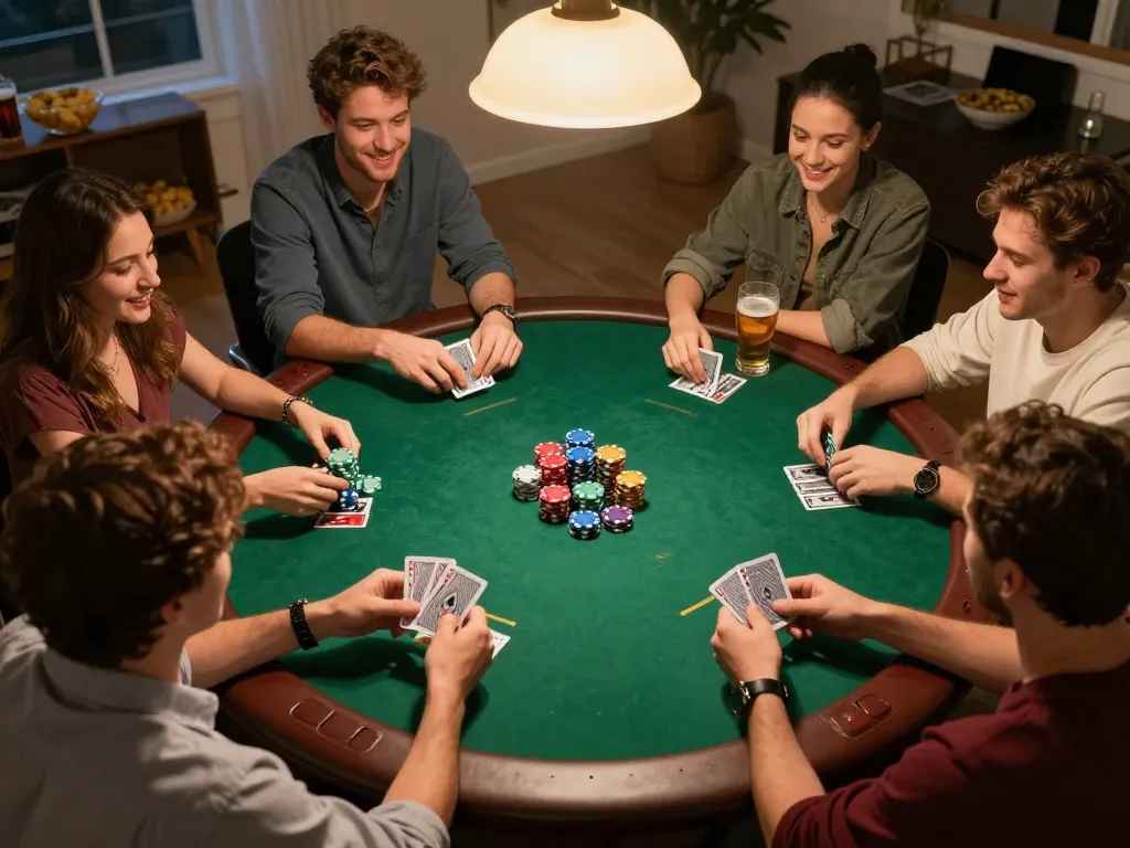 Players enjoying a thrilling home poker night while betting at nhà cái nk88.