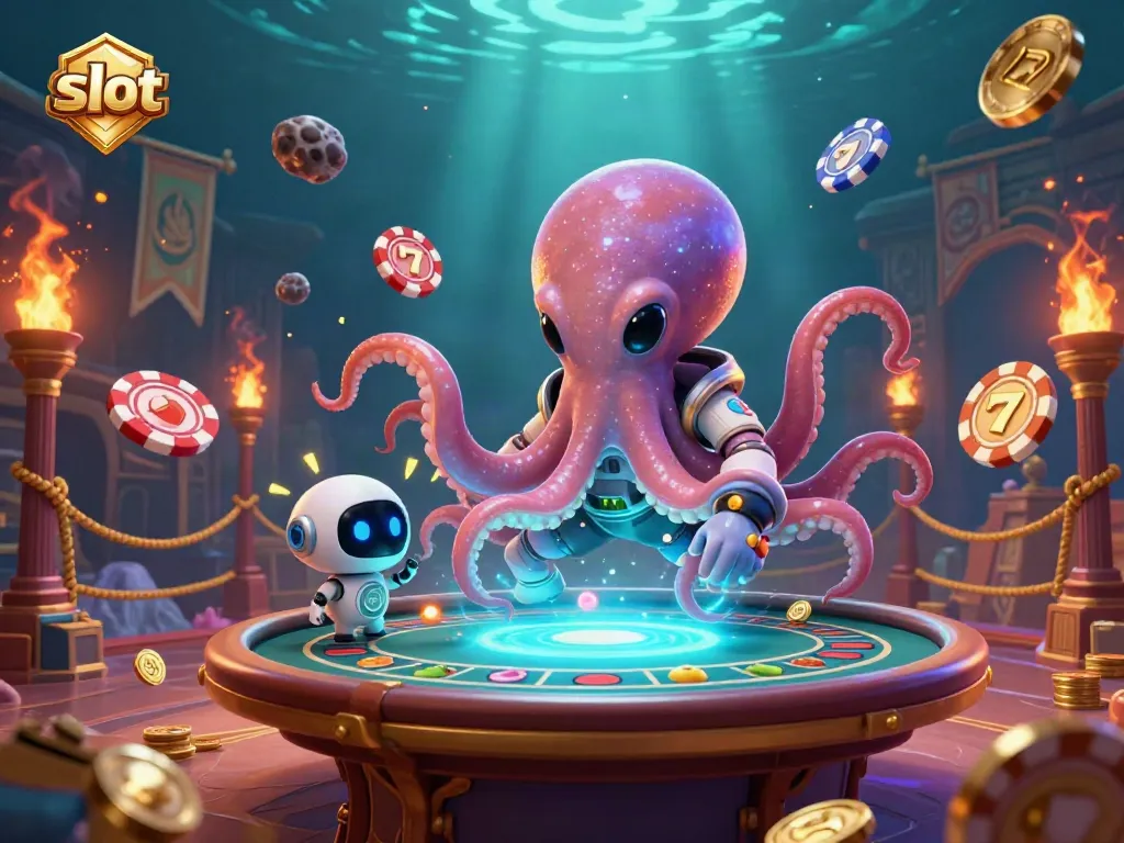 Engage with a lively slot scene featuring an alien octopus at a poker table with exciting casino elements.
