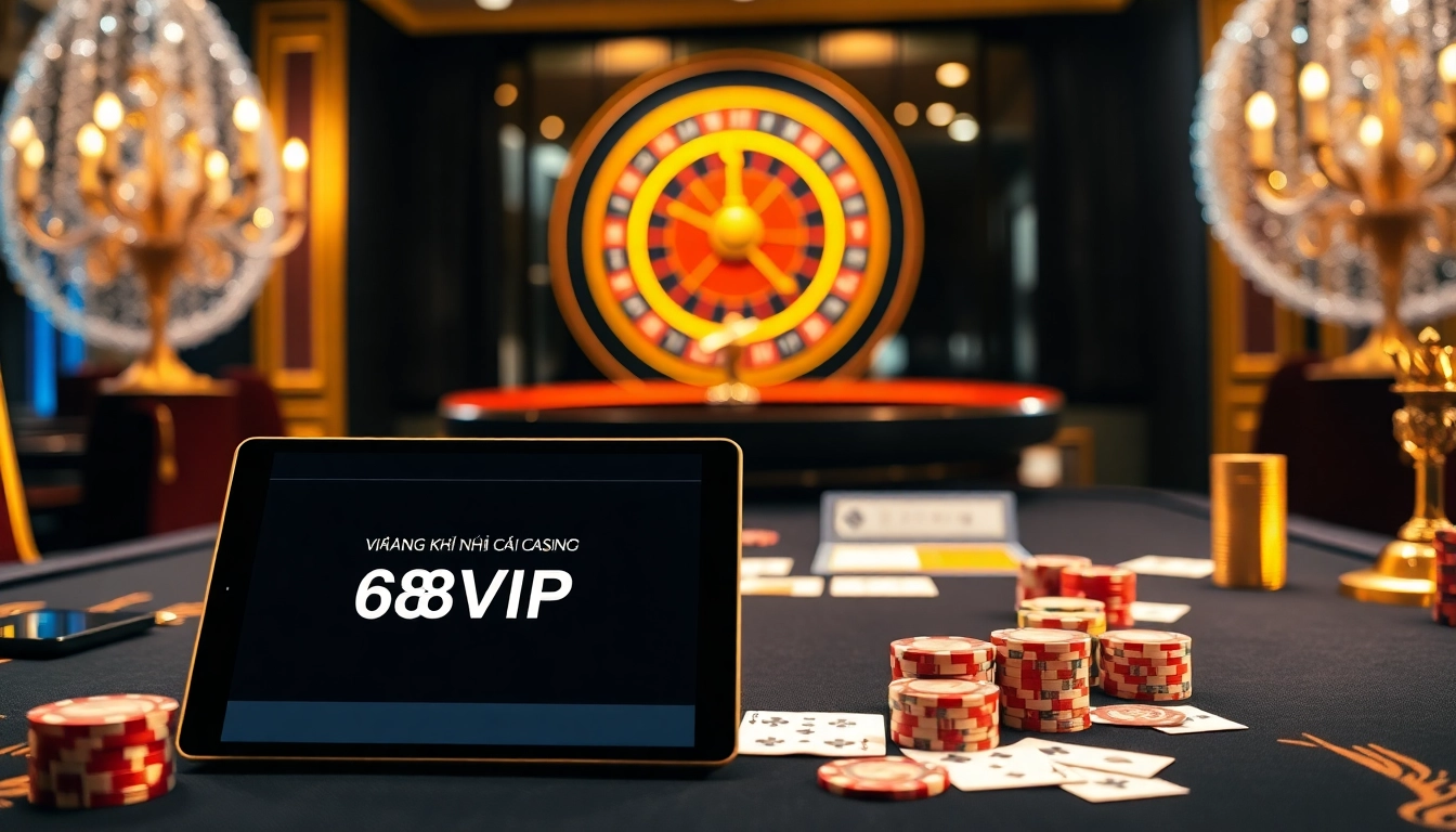 Engage with Đăng Ký Nhà Cái 68VIP while enjoying vibrant casino tables and excitement in a luxurious setting.