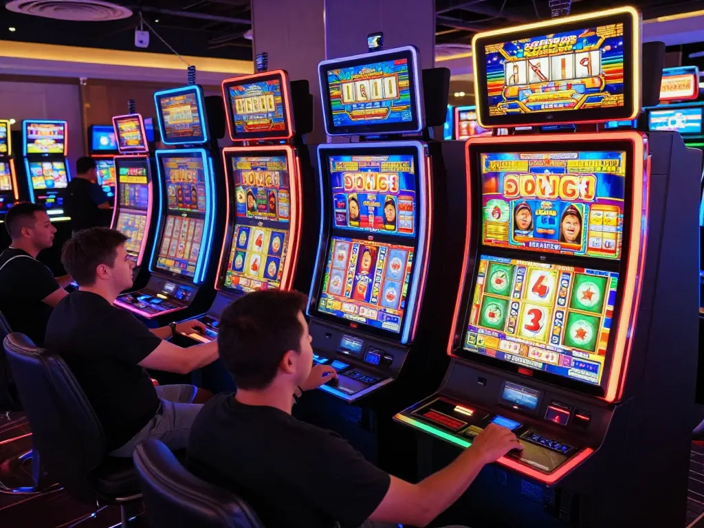 Players engaging with colorful link slot machines in a lively casino atmosphere