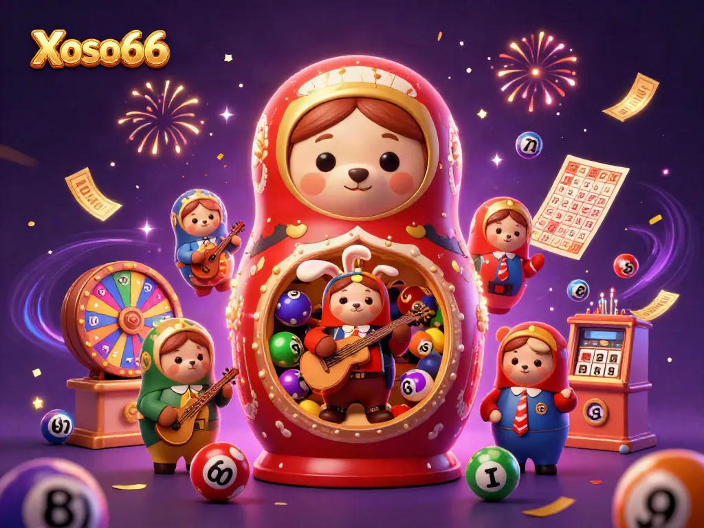 Xoso66, a vibrant lottery scene with cartoon bears and dynamic game elements for engaging casino play.
