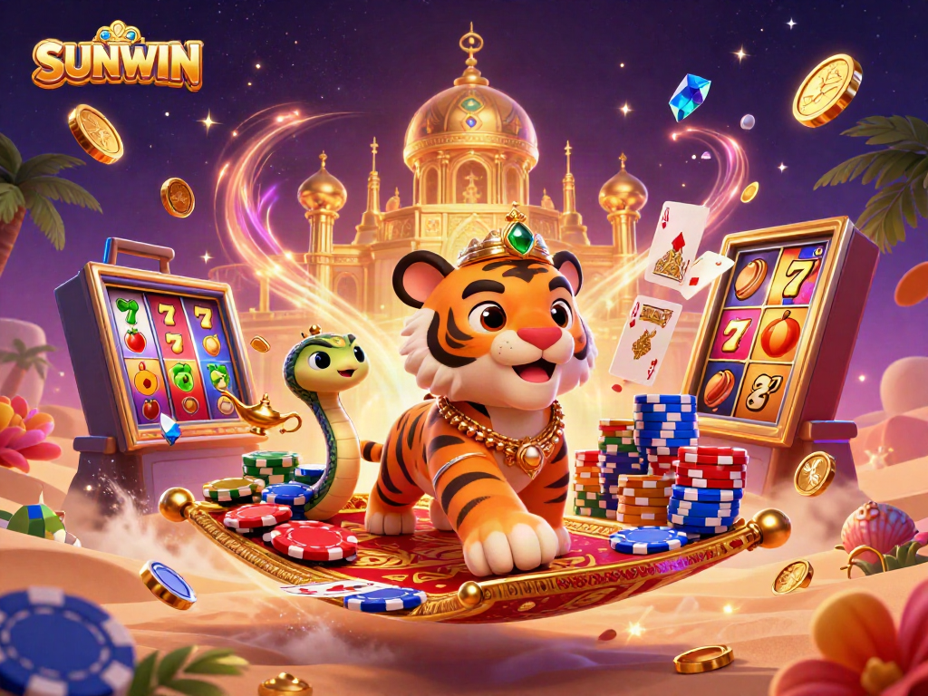 Engage with SUNWIN's thrilling slots on a vibrant magical adventure with a cartoon sultan and casino elements.