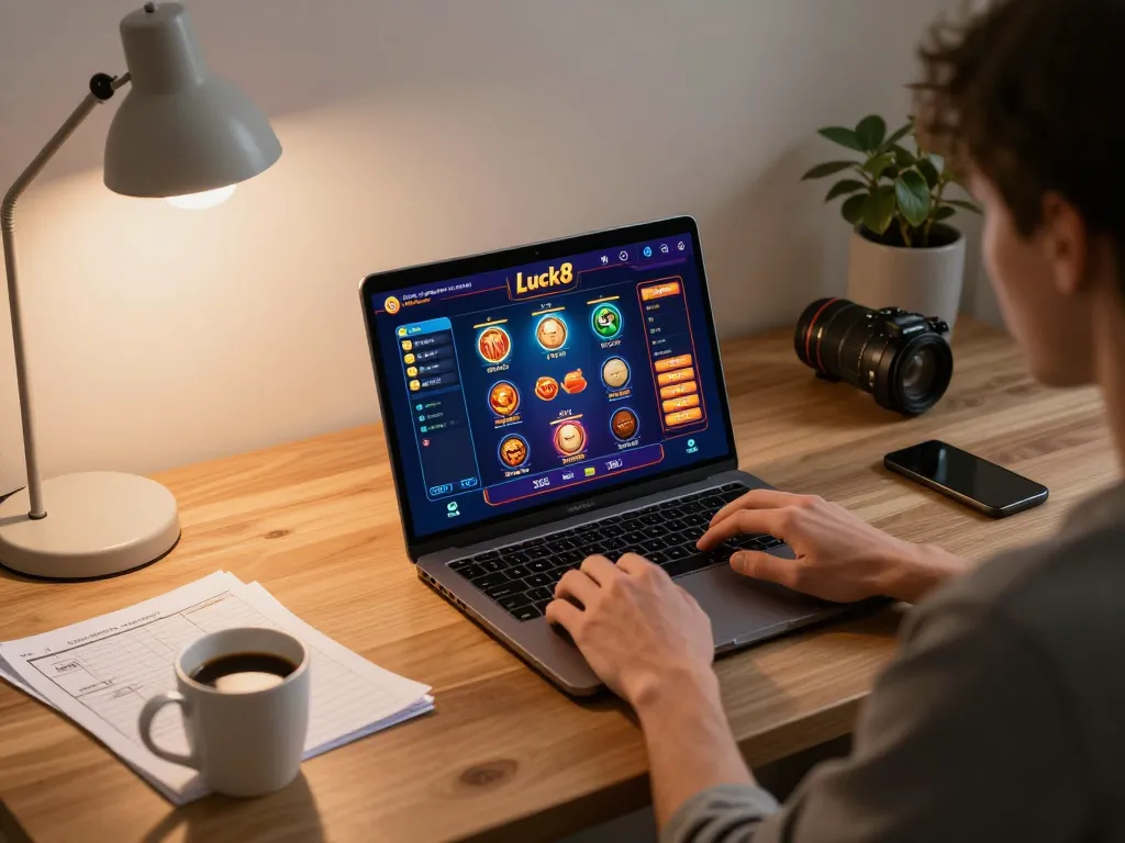 Engaging in online gambling with Luck8 from a cozy home setup, showcasing the gaming interface and a warm atmosphere.