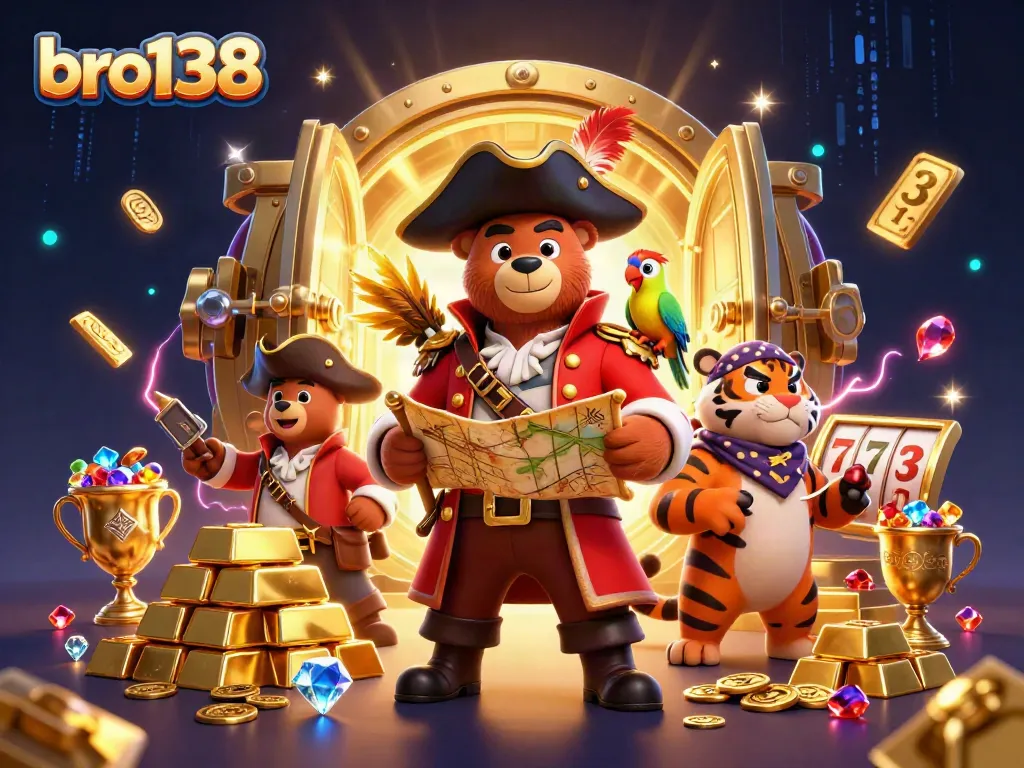 Experience thrilling wins with bro138 as a pirate captain bear leads a vibrant casino adventure!