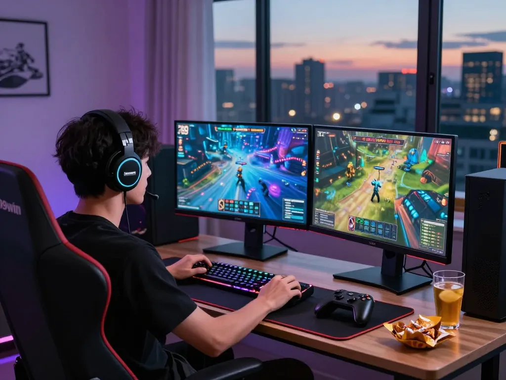 Immerse in the excitement of 789win online gaming with a focused player at their vibrant gaming setup.