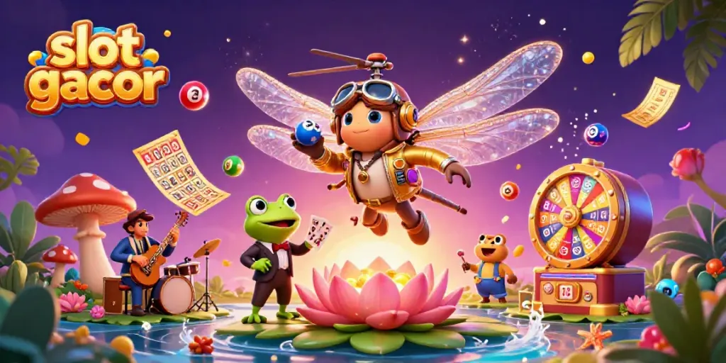 Engage in vibrant slot gacor gameplay surrounded by whimsical characters in this 3D casino scene.