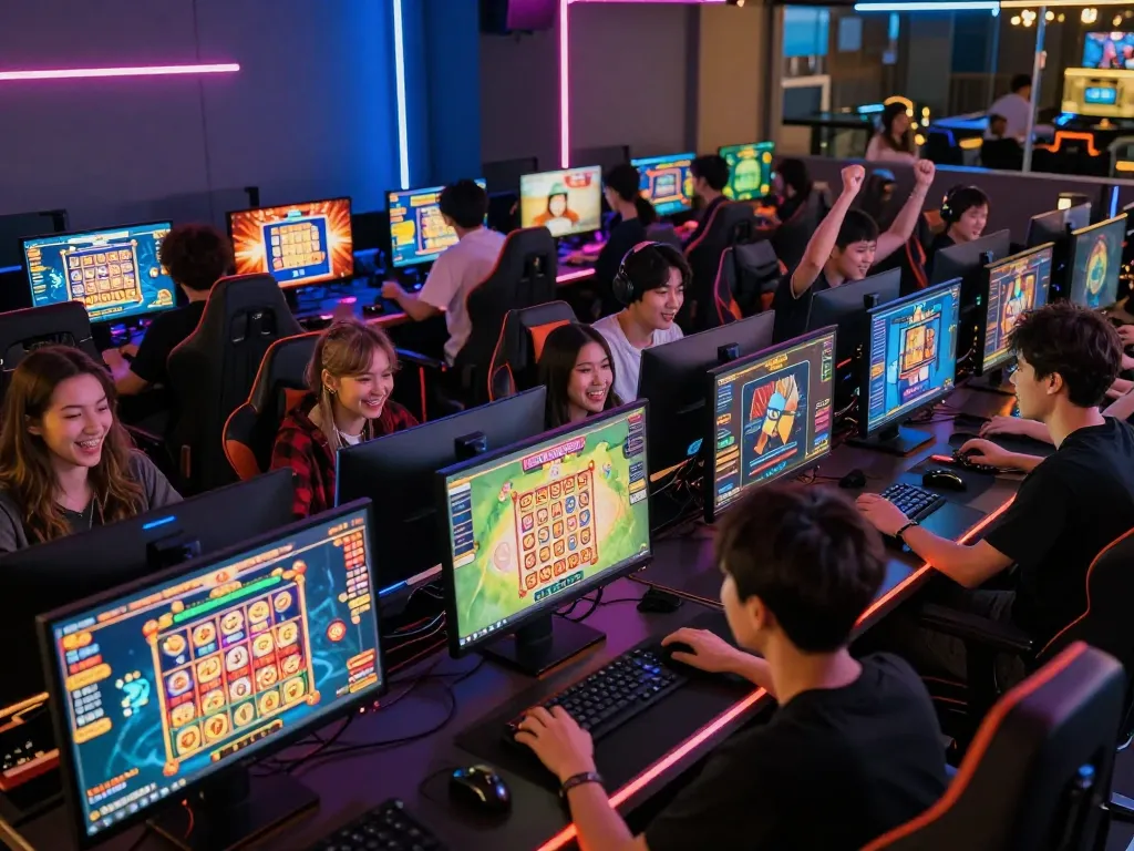 Pemain menikmati permainan slot online situs gacor dengan grafik yang cerah, pengaturan modern, dan suasana gaming yang menarik.